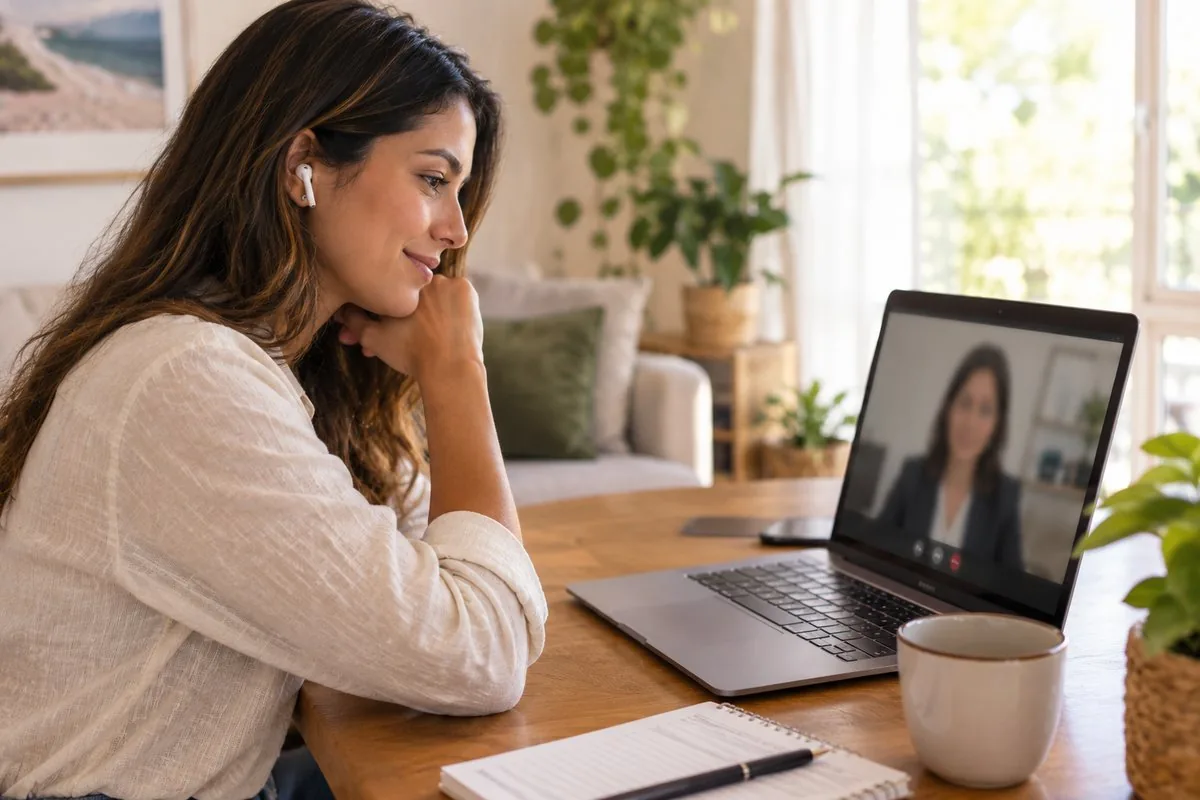 Mulher sorrindo em videochamada com uma advogada de família de Fortaleza pelo notebook, em casa, representando o divórcio online para quem mora em outro estado ou cidade