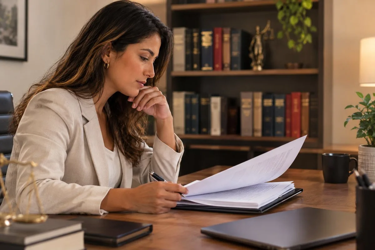 Mulher lendo com atenção os termos de um documento antes de assinar, em um escritório de advocacia, representando a escolha do advogado no divórcio em Fortaleza