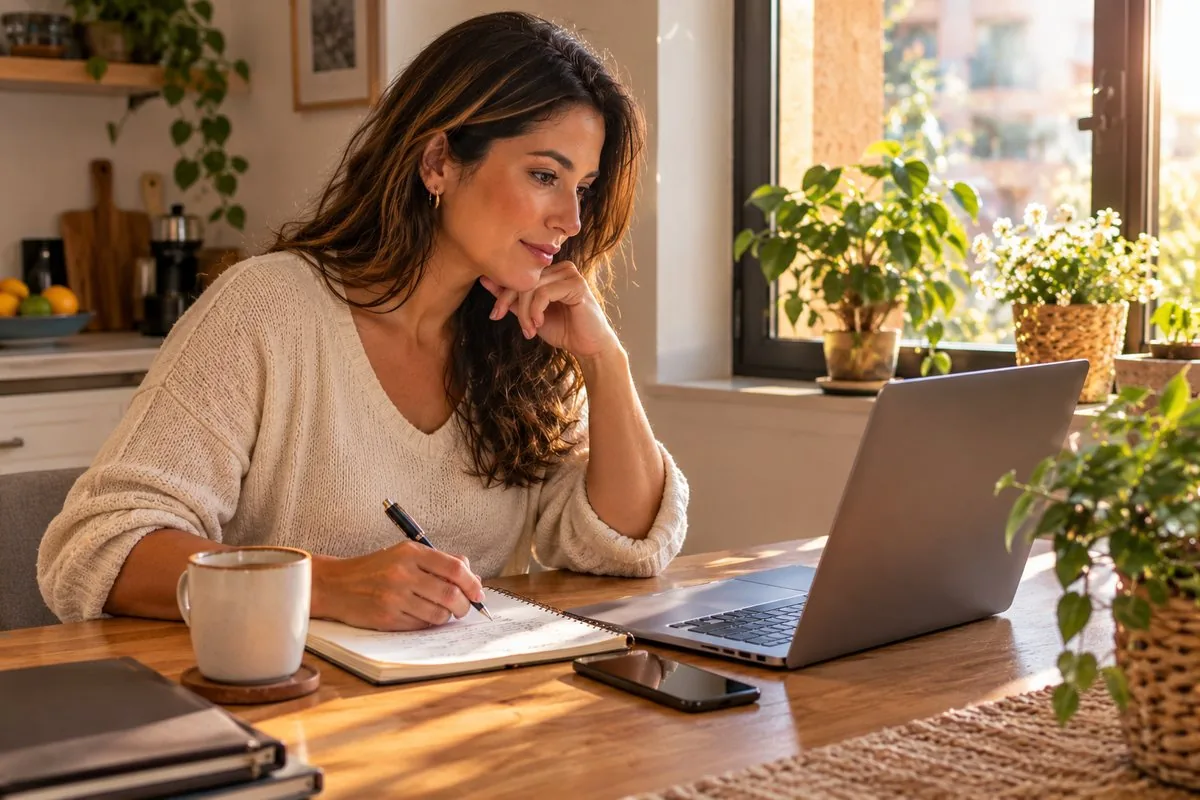 Mulher em casa anotando em um caderno diante do notebook, planejando o recomeço após o divórcio, representando a pensão para quem foi dona de casa em Fortaleza