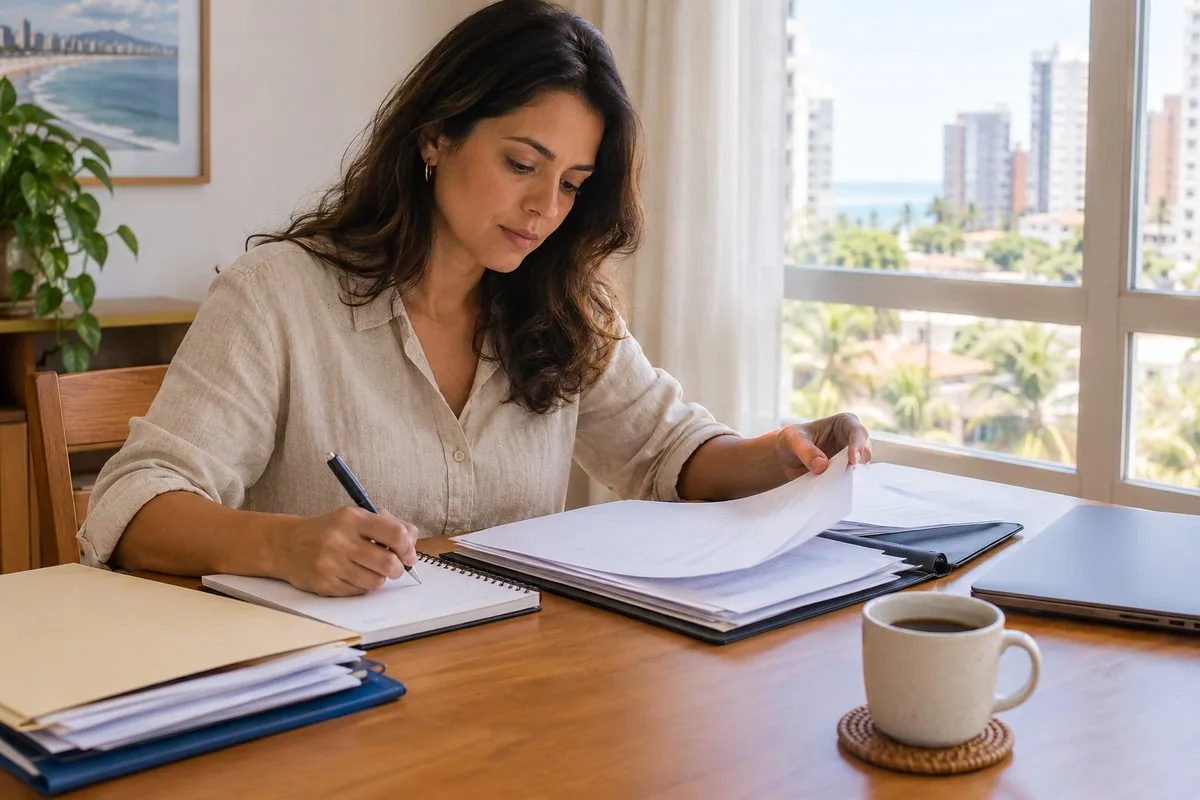 Mulher organizando documentos em pastas e anotando em um caderno à mesa, representando o começo do processo de divórcio em Fortaleza