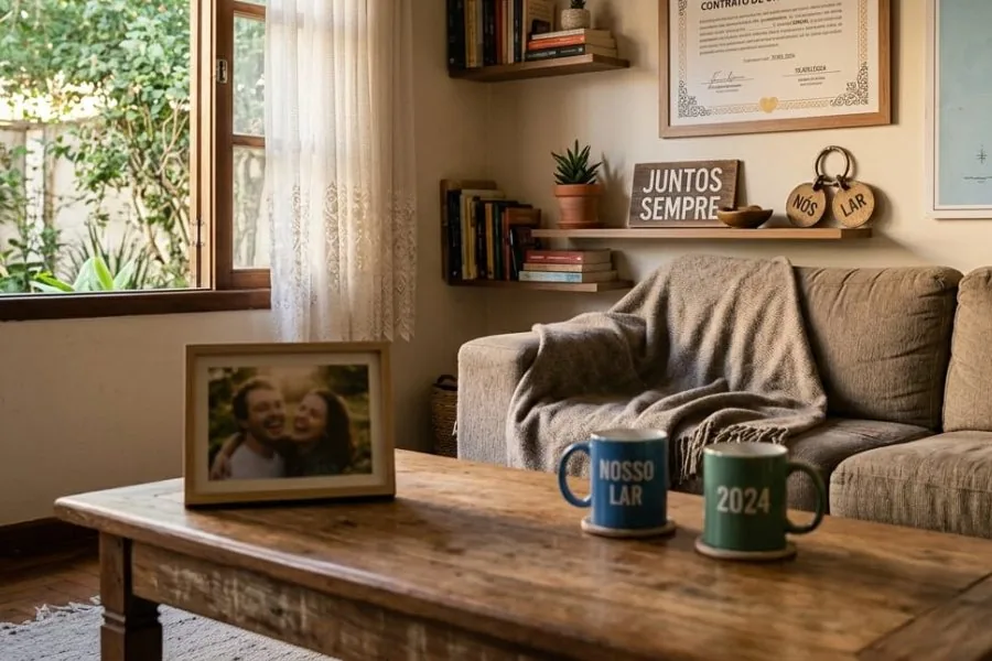 Sala de estar com porta-retrato do casal, canecas "Nosso lar" e um contrato emoldurado na parede, representando a casa e a união estável em Fortaleza